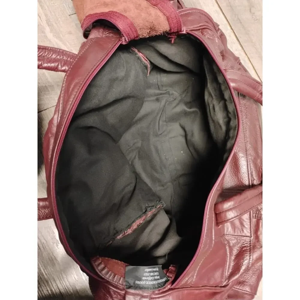 Vtg Carroll Leather Goods Genuine Leather Burgundy Weekender Duffel Travel Bag